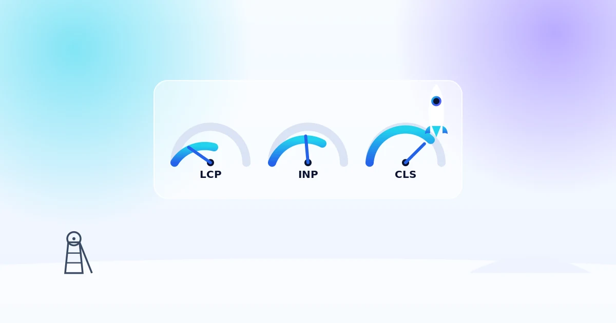 Core Web Vitals à Lens : jauges de performance web et fusée au-dessus du bassin minier