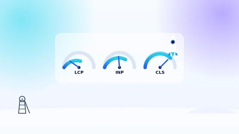 Core Web Vitals à Lens : jauges de performance web et fusée au-dessus du bassin minier
